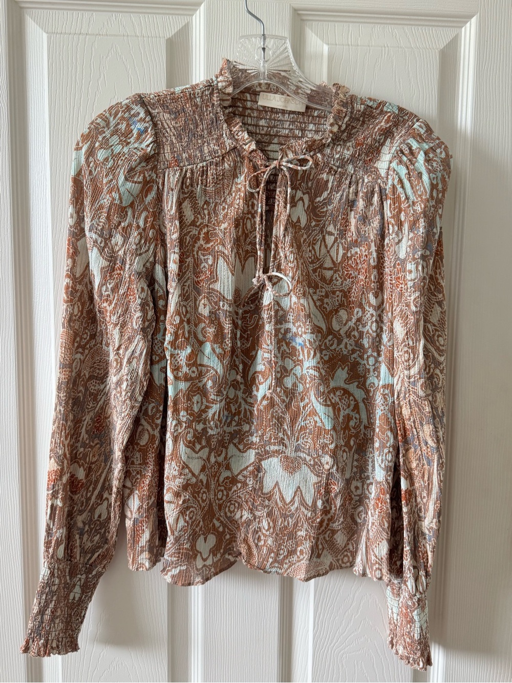 Ulla Johnson Brown & Light Blue Paisley Tie-Neck Blouse